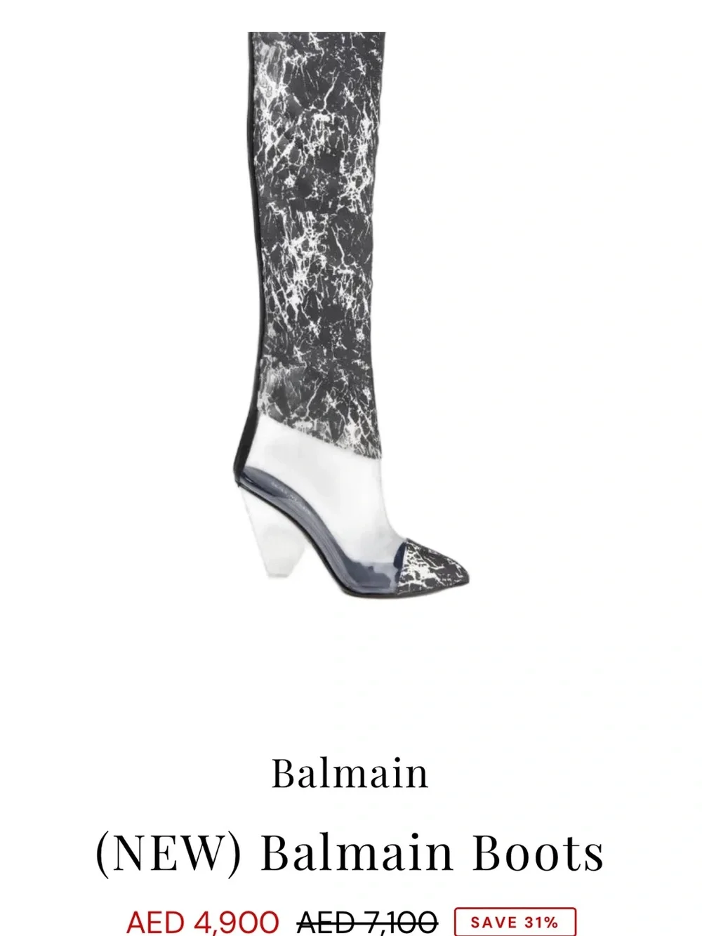 Balmain Black and White Marble Over-the-Knee Pointed Boot